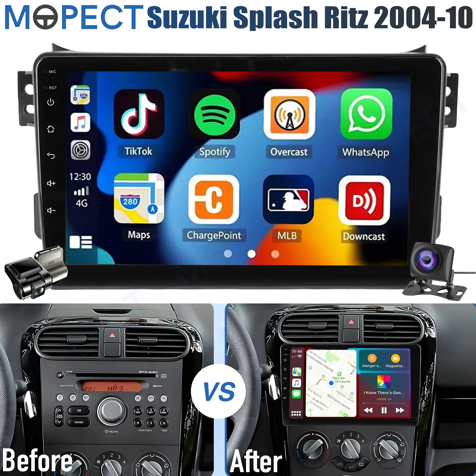 MOPECT 9" autoradio Android 15 voor Suzuki Splash Ritz 2004-2010 4+64G AM/FM WiFi CarPlay GPS navigatie head unit BT+DVR&camera