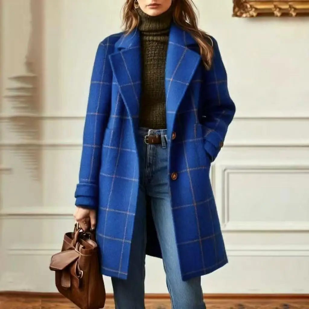 Retro Women's Plaid Coat Long Sleeve Fashion Button Pocket Fashion Simple Lapel Extra Long French Trench for Female
