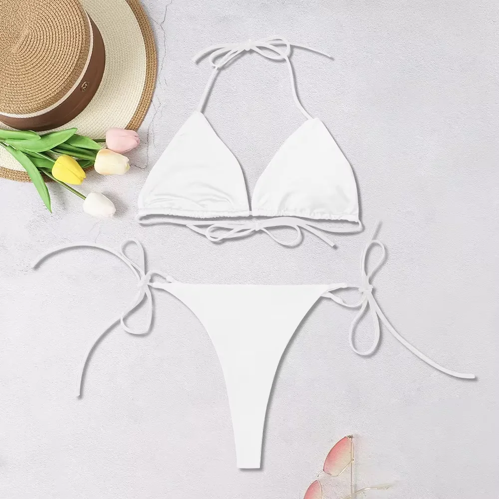2025 New Women's Solid Color Split Beachwear Sexy Backless Three-Point Bikini Backless Adjustable Tie-Up No Steel Brace Set Swim