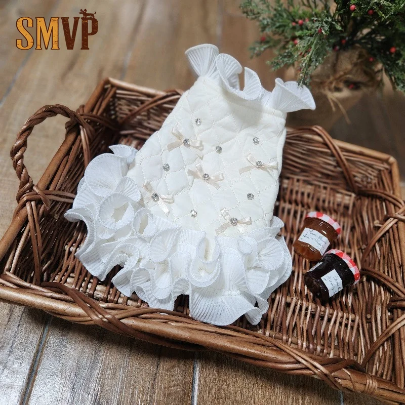 White Quilted Pet Princess Dress Rhinestone Bow Decor Ruffle Hem Soft Warm Cotton Puppy Dress  Autumn Small Dog Cat Outfit