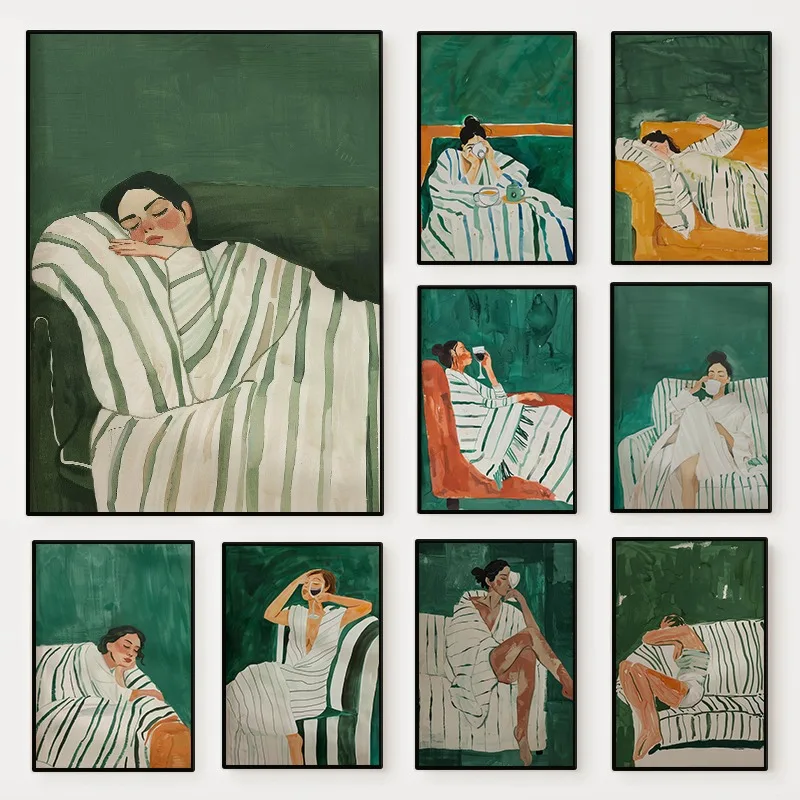 1pc frameless Canvas Painting Emerald Green Abstract Stripe Woman Poster Modern Artwork Minimalist Female Canvas Painting Wall A