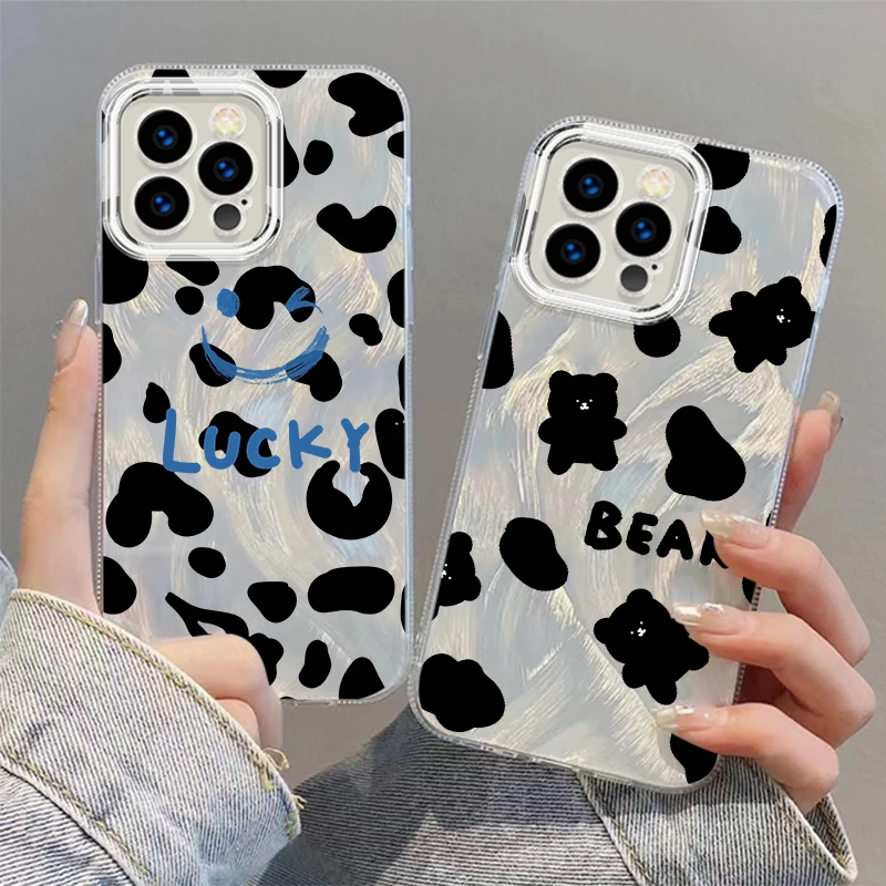 

Black Lucky Bear Printing For iPhone 15 14 13 12 11 XS X XR 8 7 Pro Max Plus Feather Yarn Silicone Phone Case