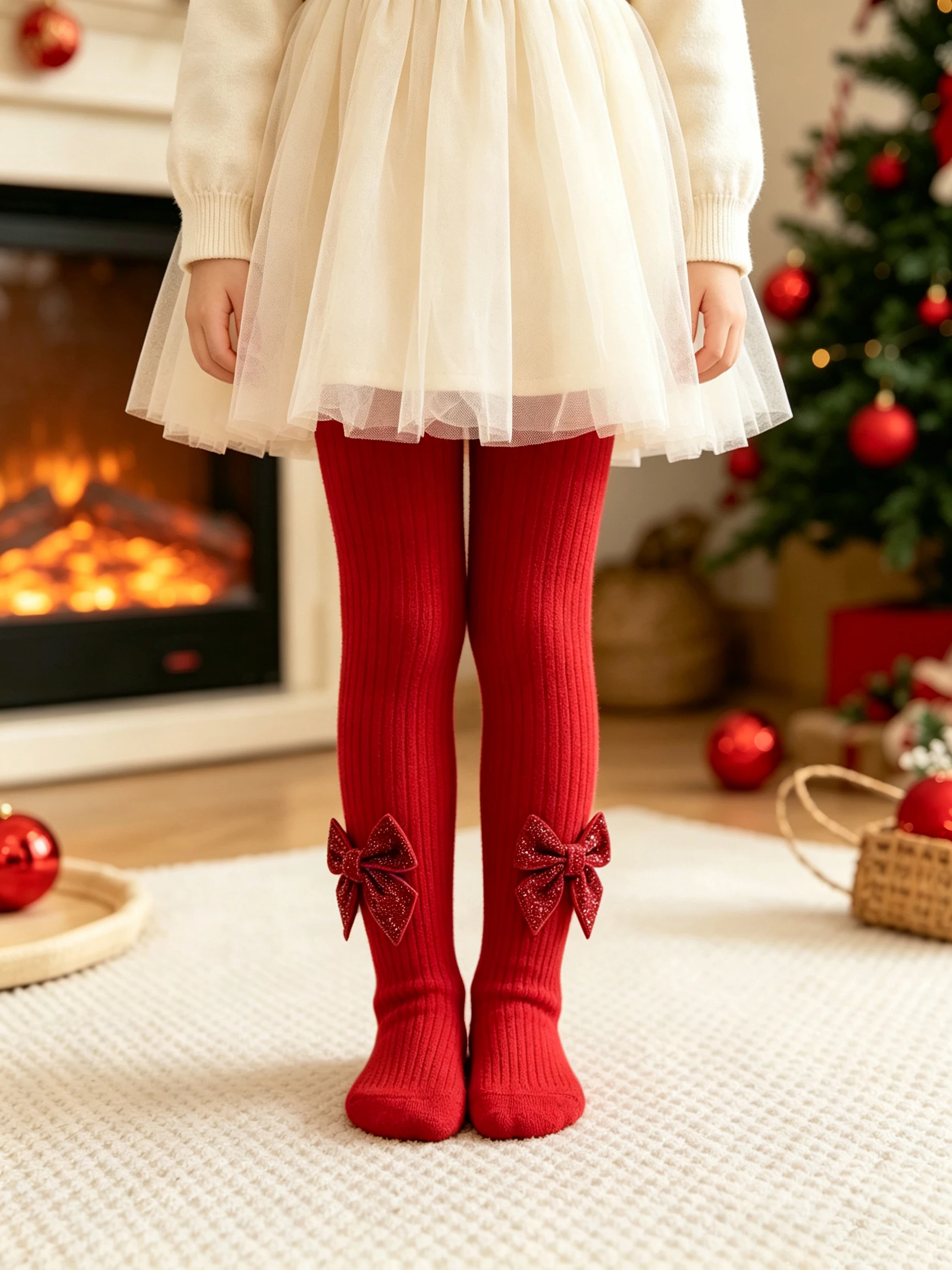 1 Stück Mädchen-Strumpfhose mit roter Schleifendekoration, mit Fleece gefüttert, dicke Strickstrumpfhose, Thermoleggings, Herbst, Winter, Weihnachtsfeier, Alltagsoutfit, 0-8 Jahre – Detail 4