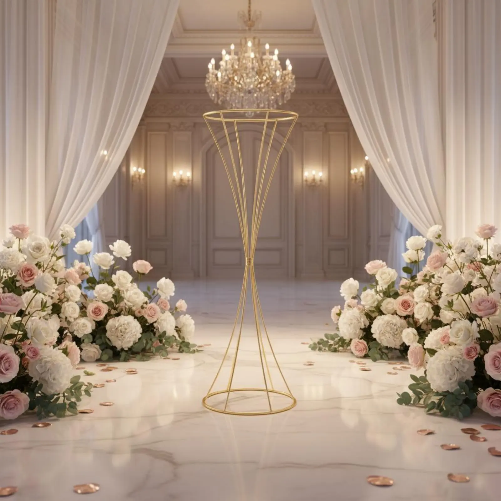 

Metal Hourglass Flower Holder Wrought Iron Wedding Aisle Floor Vase Gold Trumpet Vase Elegant Design for Reception, Entryway