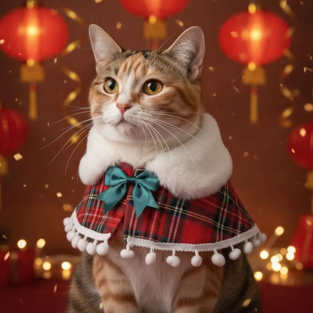 Plaid Pattern Christmas Pet Cape Fleece Lined with Bowknot Xmas Cat Shawl Warm British-style New Year's Cat Cloak Winter