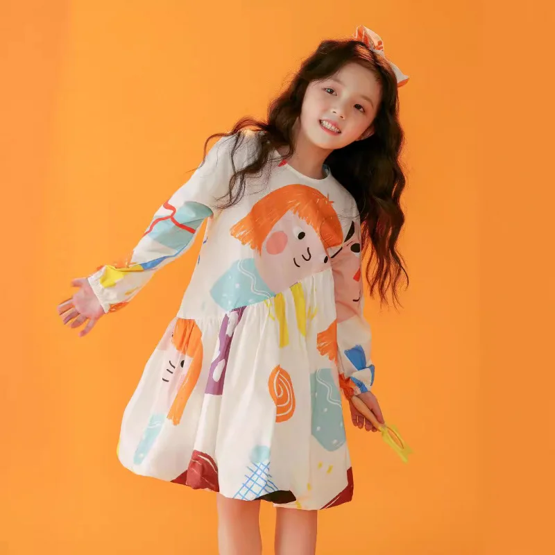 Girls' Long Sleeve Dress Spring New Cartoon Graffiti Style Cute Princess Dress