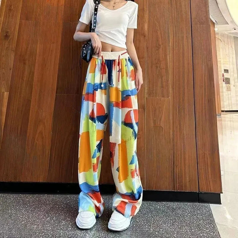 2023 New Arrival Summer Women Korean Style Fashion Ankle-length Pants Casual Loose Elastic Waist Acrylic Straight Pants V639