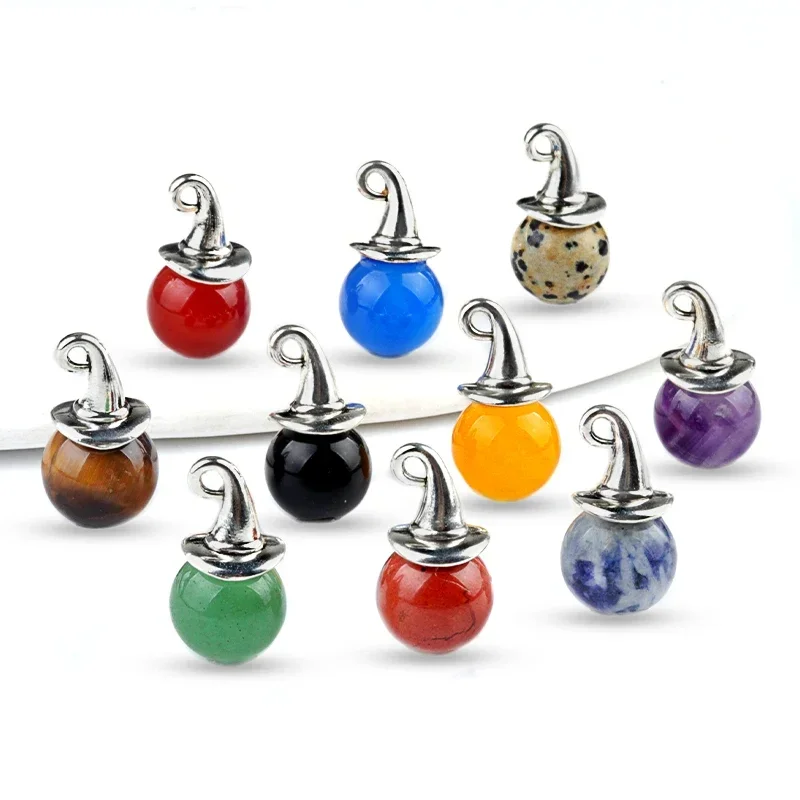 Natural Gemstone Silver Wizard Cap Pendant for Making Jewlery 12mm Stone Sphere Beads Halloween Charms Healing Chakra