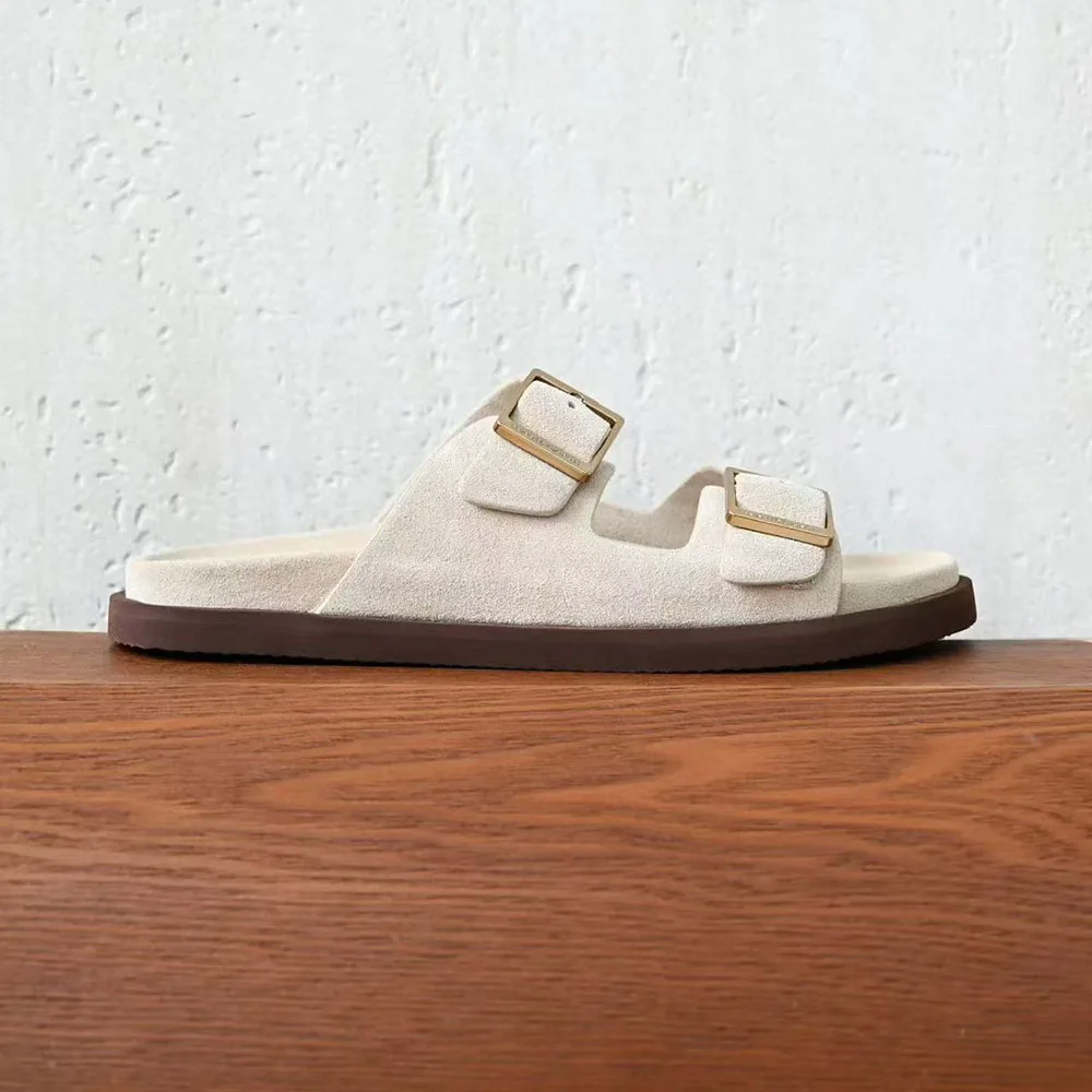 men Suede Flat Sandals 2026 Summer New Double Buckle Slides Casual Soft Sole Non-slip Beach Slippers Comfortable Outdoor Shoes