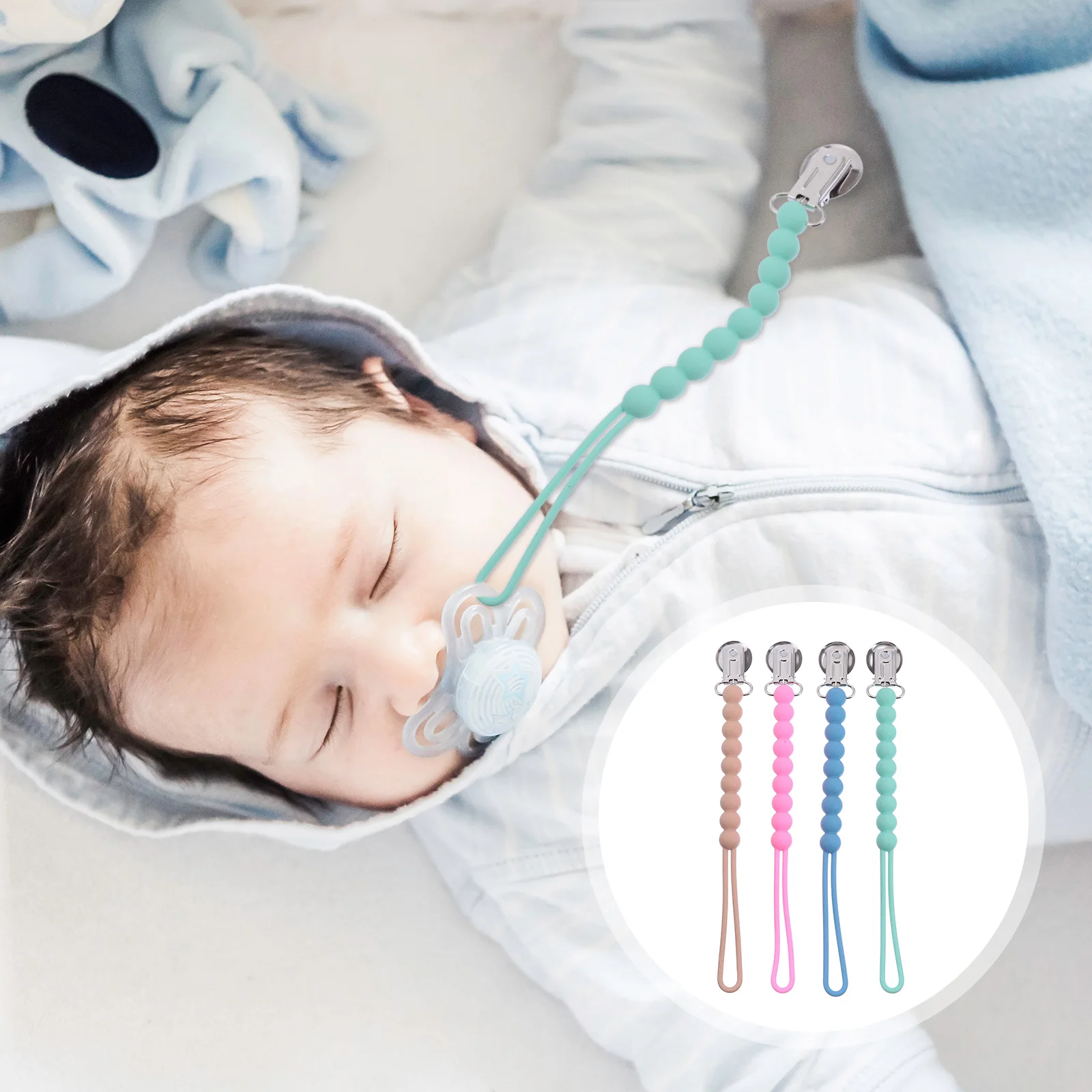 

4pcs Silicone Clips Baby Teether Durable Skin-Friendly Anti-Loss Chain For Baby Shower Gift Toddler Pacifier Holder Clip