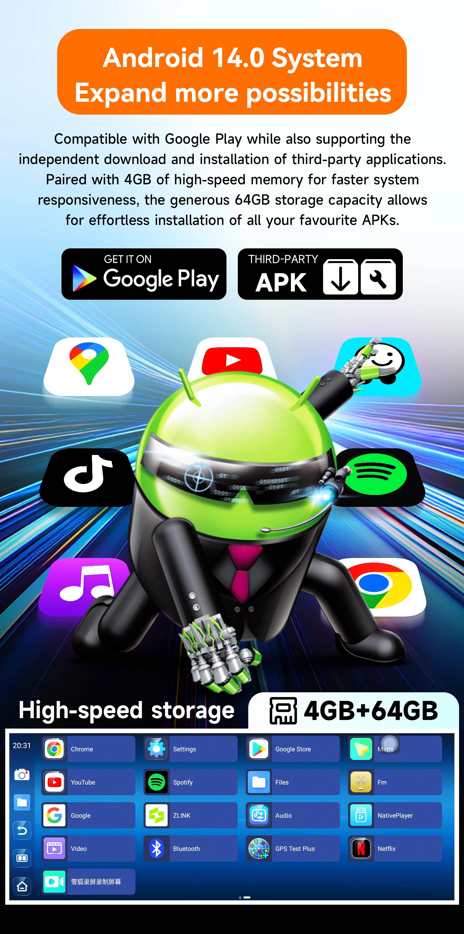 Hizpo 11,4" HD Tragbarer Autoradio Universal Android 14, Auto-Multimedia-GPS-Player, kabellos, Apple Carplay, Android Auto, Bluetooth – Detail 4