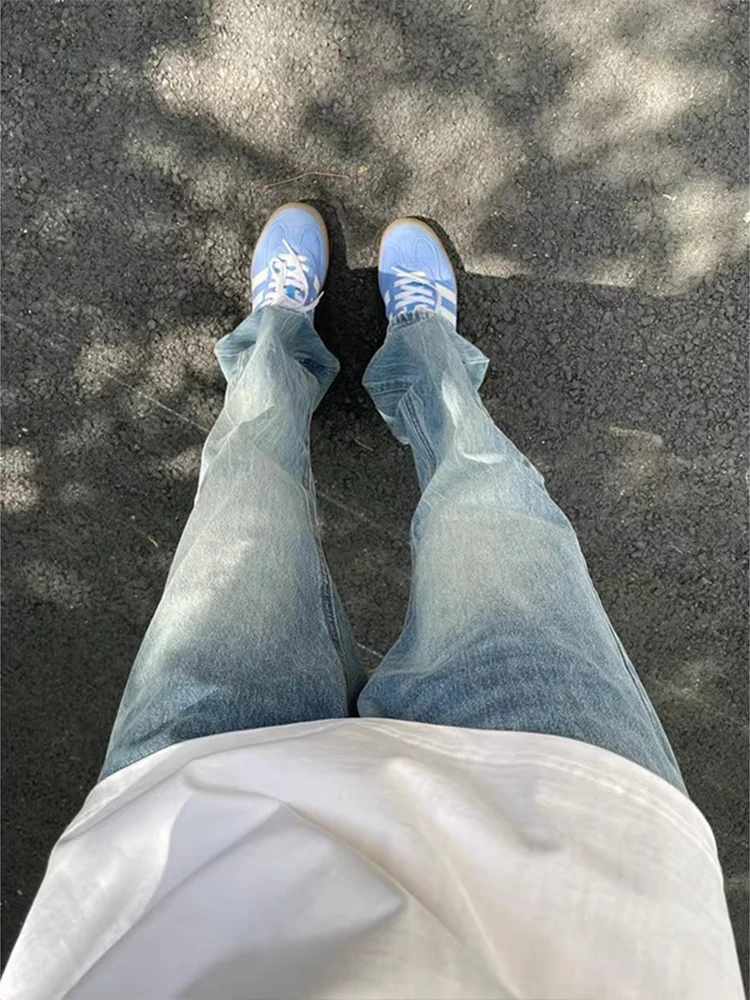 

Light Blue Lightning Pattern Men's Slim Straight Leg Jeans High Street American Sle Casual Straight Cut Denim Trousers