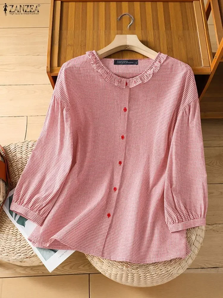 

2025 ZAZNEA Ladies Plaid Shirts Women's Clothing Fashion Puff Sleeve Round Neck Casual Blouse Ruffled Checked Blusas Female Tops