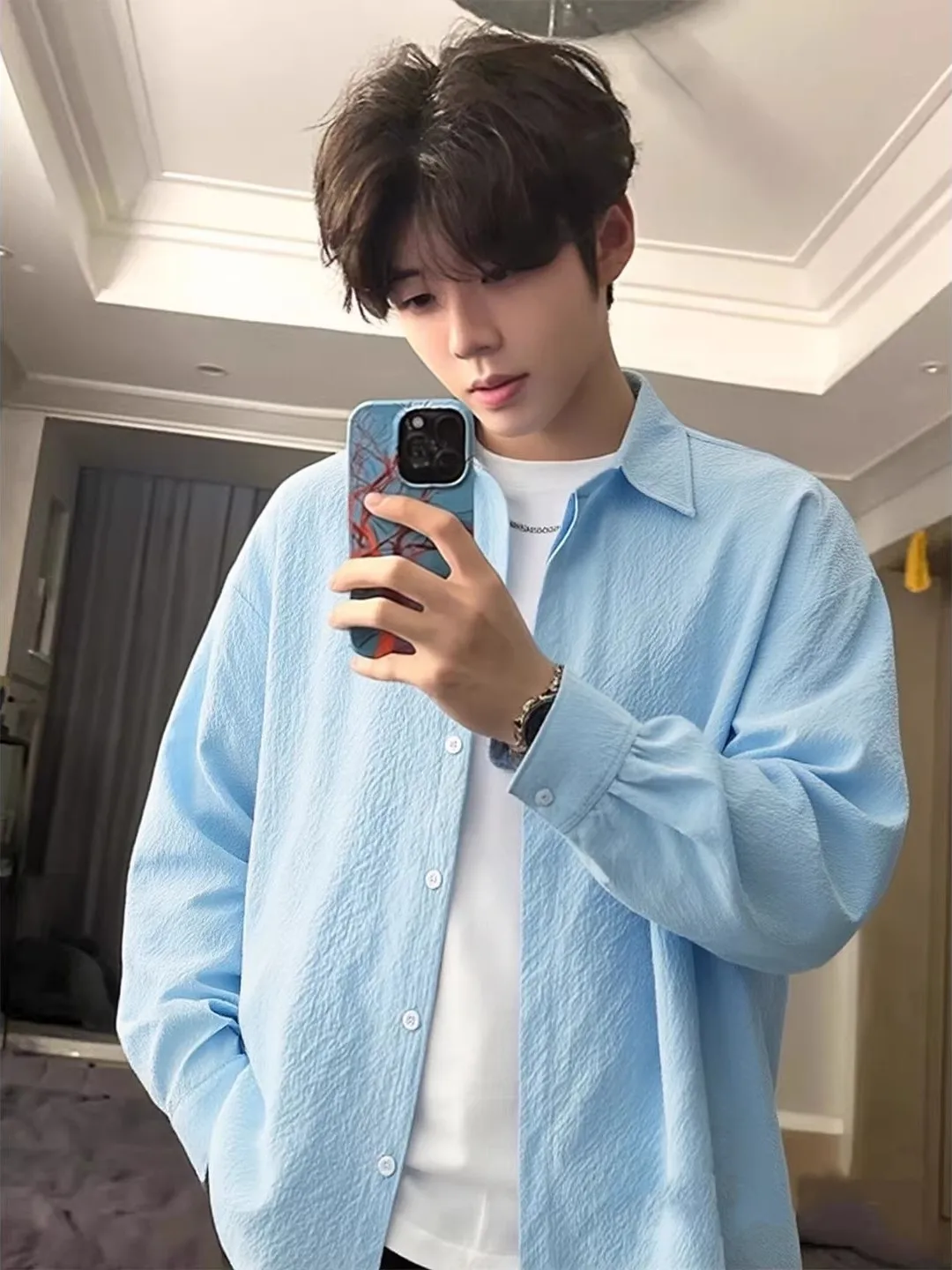 

Textured Blue Long Sve Men's irt Thin Sun Protection Outerwear Spring Summer Loose Fit Striped Casual Button up