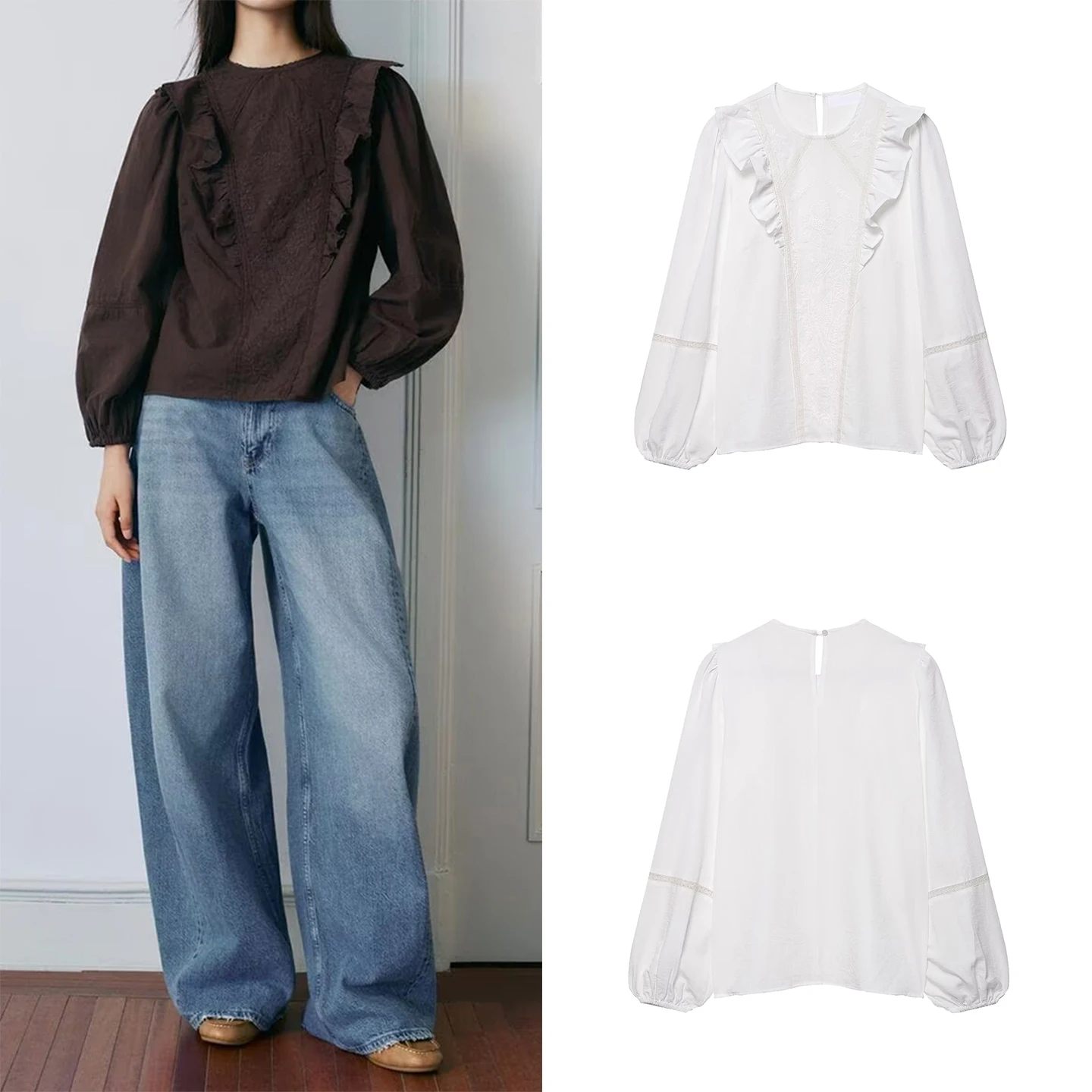 

Женская повседневная рубашка с вышивкой и цветочным узором, модная, весенне-осенняя, с длинным рукавом, круглым вырезом и пуговицами