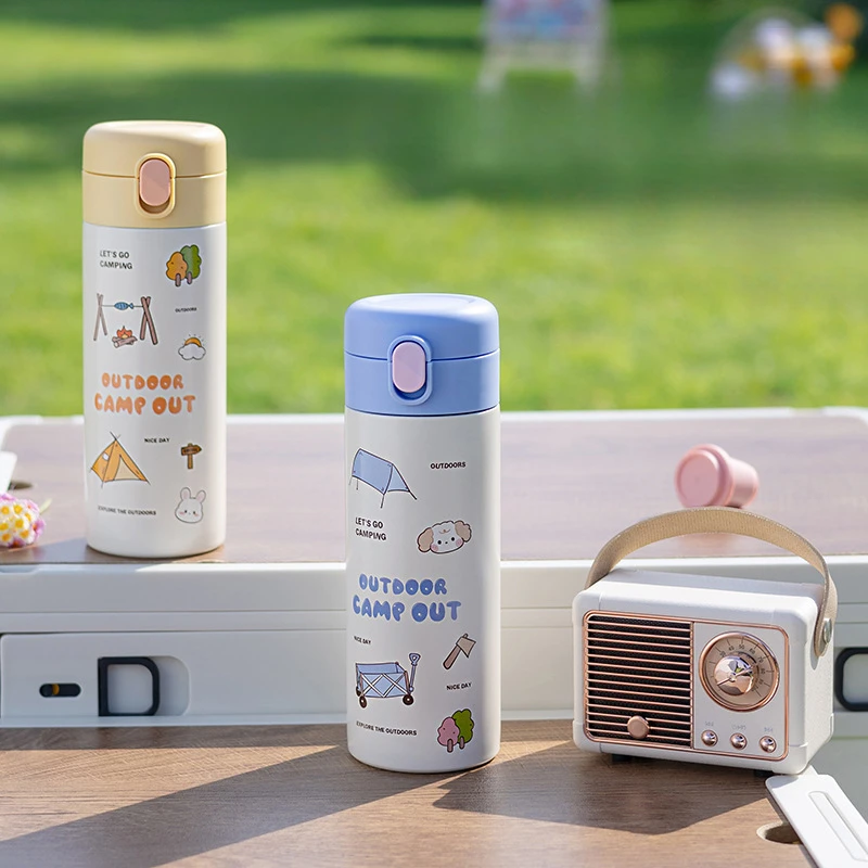 380ml Cute Camping Print Insulated Water Bottle, 304 Stainless Steel Bouncing Cup for Kids Outdoor Travel