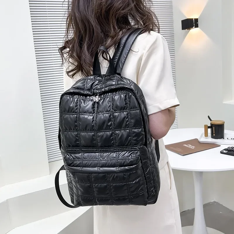 2024 Winter Ultra Light Space Down Women's Backpack Quilted Plaid Female School Backpacks Bags for Women Girls Kawaii Backpack