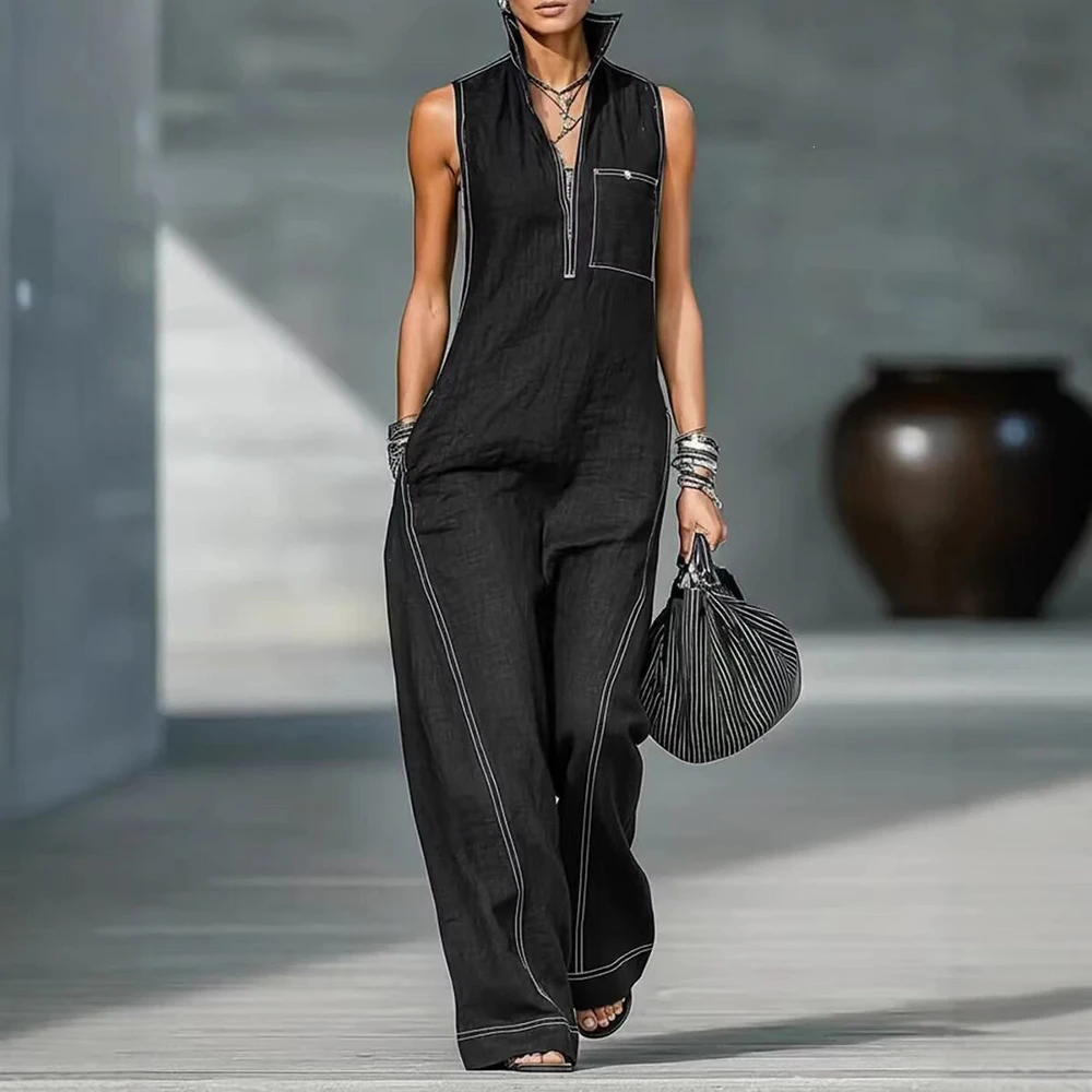 Mono casual de mezcla de lino para mujer, sin mangas, con cuello alto, costuras blancas, pierna ancha y bolsillos, estilo mezclilla sintética.