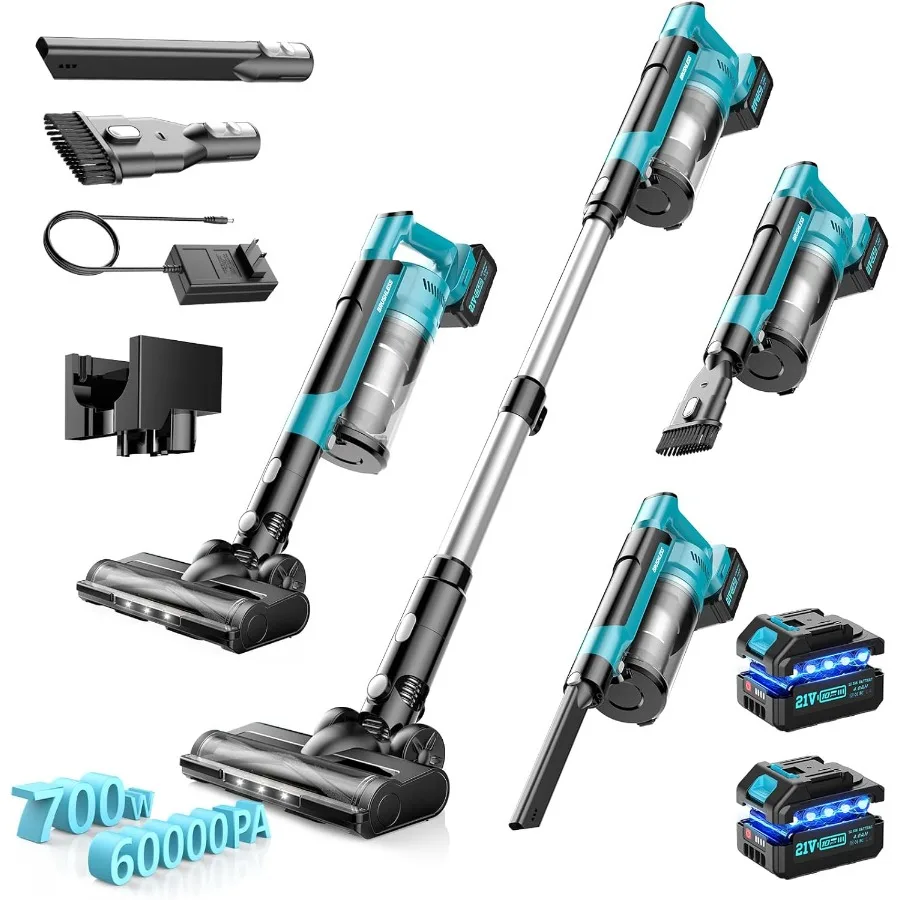Cordless Vacuum Cleaner with 2 * 4000mAh Batteries 700W 60Kpa Stick Vacuum 6 in 1 Cordless Stick Vacuum Clearner Brushless Moto