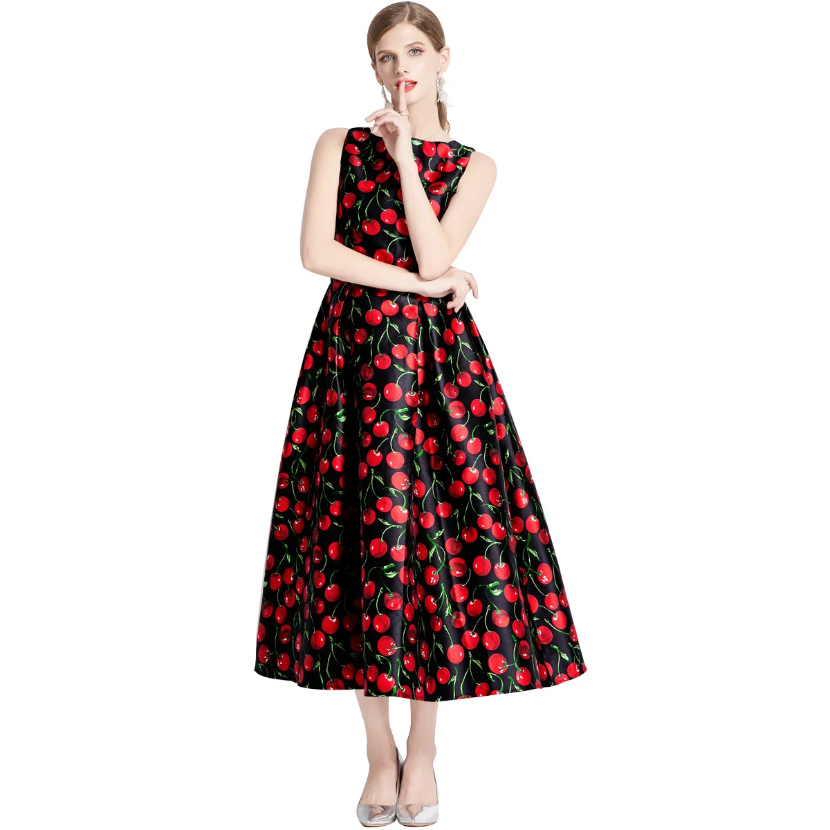 JAMERARY Fashion Jaquard Long Print Cherry Dress For Women Autumn Sleeveless Vest Tank A Line Holiday Mixi Dresses Office Lady