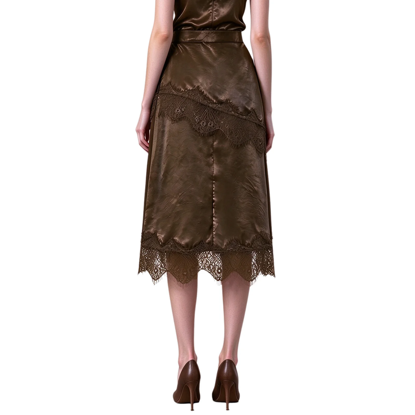 Women Lace Trim Satin Skirts Side Invisible Zipper Back Split Casual Skirts for Daily Life Cocktail Party Office Work