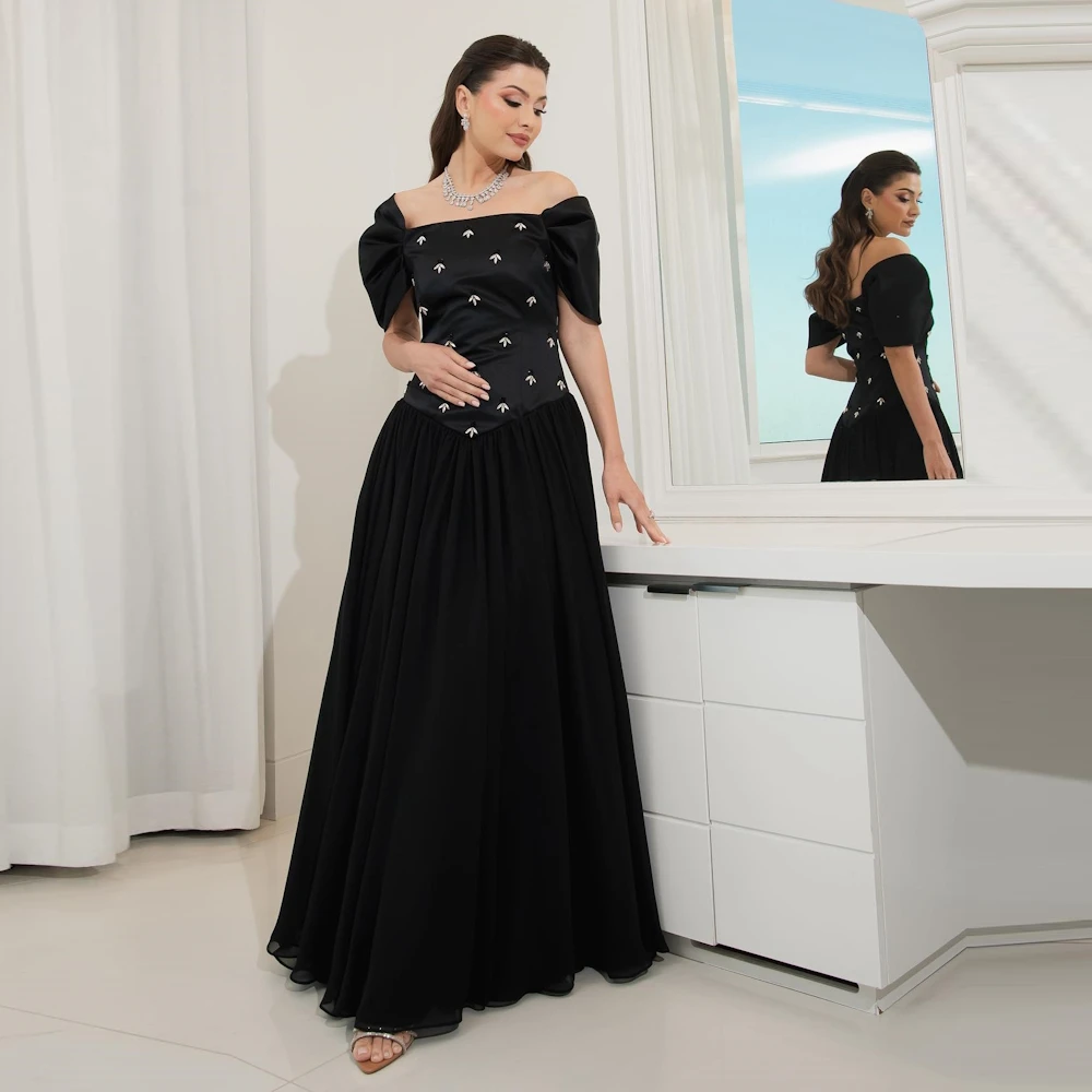 

ROSELLA Princess Black Puff Off Shoulder Evening Dresses Crystal New 2023 A Line vestidos para mujer elegantes y bonitos