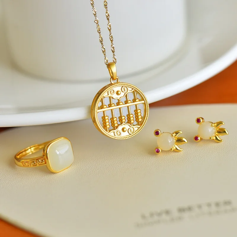 

S925 Серебряное инкрустированное кольцо с подвеской в виде мира из белого нефрита Hetian, комплект серег с круглой поверхностью