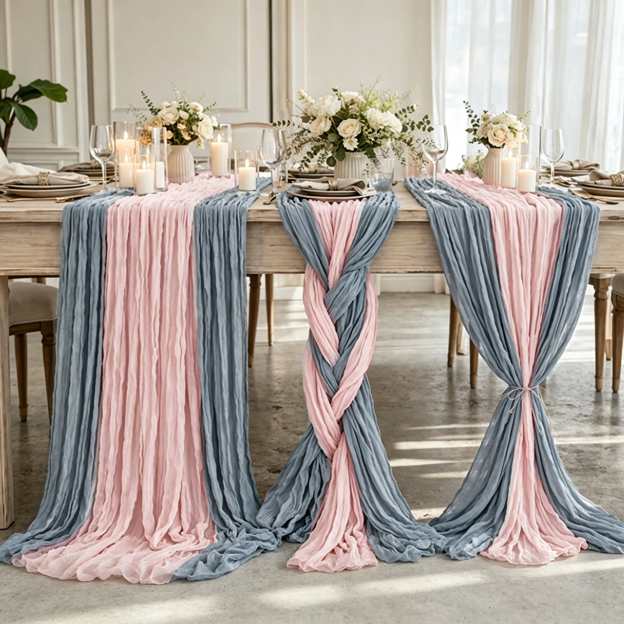 2pcs Dusty Blue Pink Boho Rustic Cheesecloth Table Runners for Wedding Birthday Bridal Baby Shower Party Home Decorations