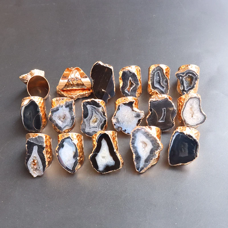 Irregular Geode Stone Agate Slices Open Ring Unisex Black Color Boho Resizable Finger Jewelry