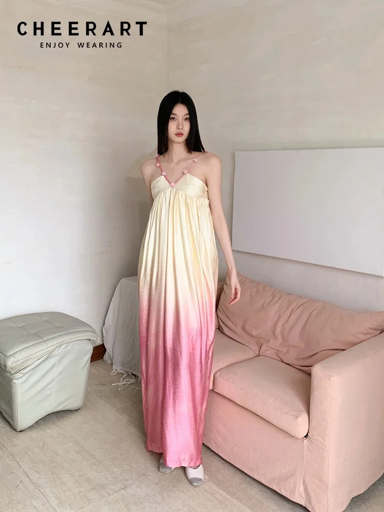 CHEERART Gradient Pink Vacation Long Slip Dress Women 2024 Summer V Neck Backless Bud Maxi Dress Birthday Clothes