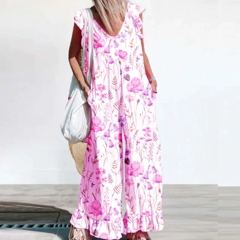 Sexy V Neck Butterfly Sleeve Women Jumpsuit Spring Elegant Floral Print Office Lady Romper Summer Wide Leg Pocket Pants Overalls