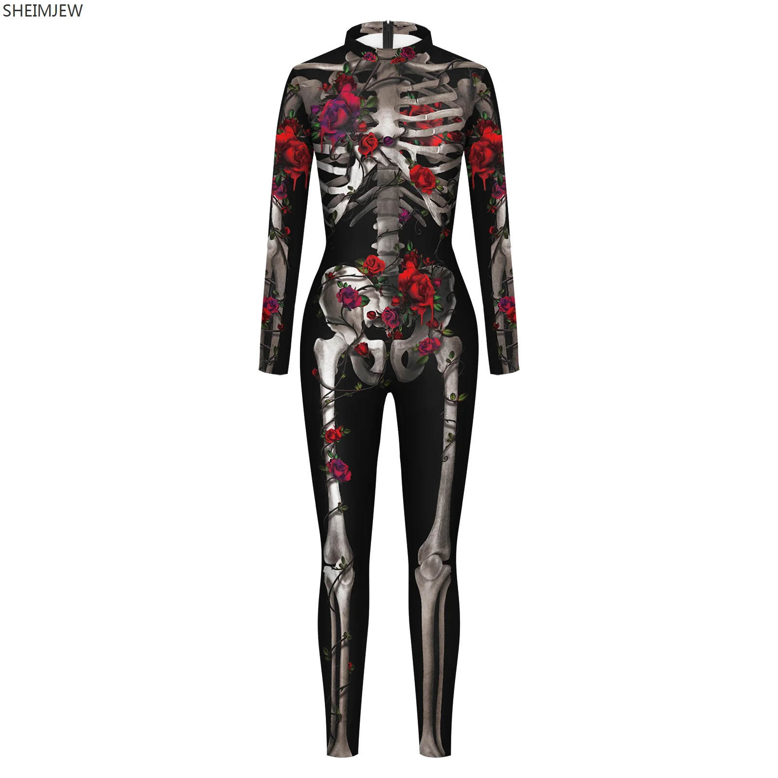 Nieuwe Halloween Skelet Cosplay Jumpsuit Skelet Rose 3d Print Zentai Pak Vrouwen Vakantie Feest Podium Show Catsuit Rave Outfit