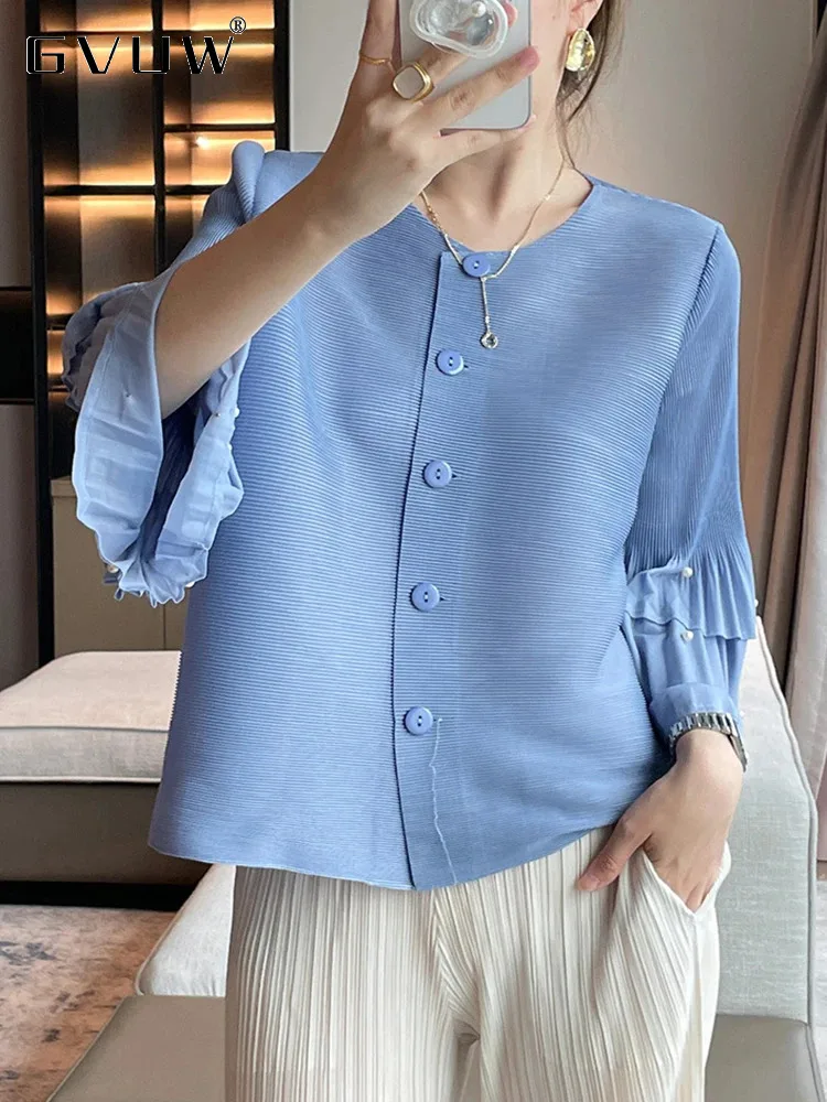 

GVUW Pleated Beading Shirt Women Fashion Round Collar Full Flare Sleeve Loose Single Breasted New 2024 Versatile Tops 17G7489