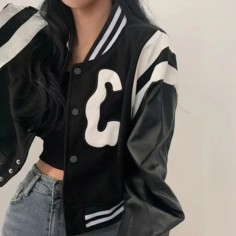 Winter Cropped Bomber Jacket Women Vintage Korean Fashion Oversized Gothic Baseball Short Jackets 2023 Kpop Chic Streetwear Coat