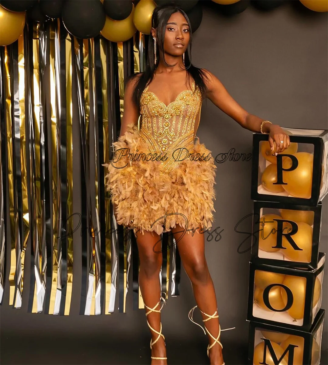 

Sexy Gold Short Prom Dress 2024 Glitter Bead Crystals Rhinestones Feathers Cocktail Birthday Party Gown Homecoming