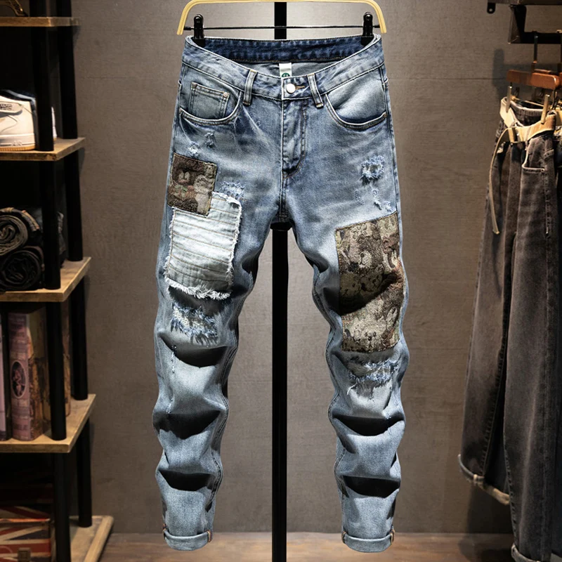 

Street Designer Fashion Men Jeans Retro Blue Stretch Slim Fit Embroidery Patched Ripped Jeans Men Hip Hop Vintage Denim Pants