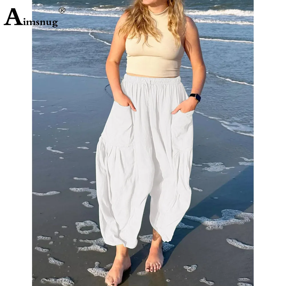 

Aimsnug Plus Size Women Cotton Linen Pants 2023 New Summer Casual Pocket Beach Trousers Solid White Khaki Female Wide Leg Pants