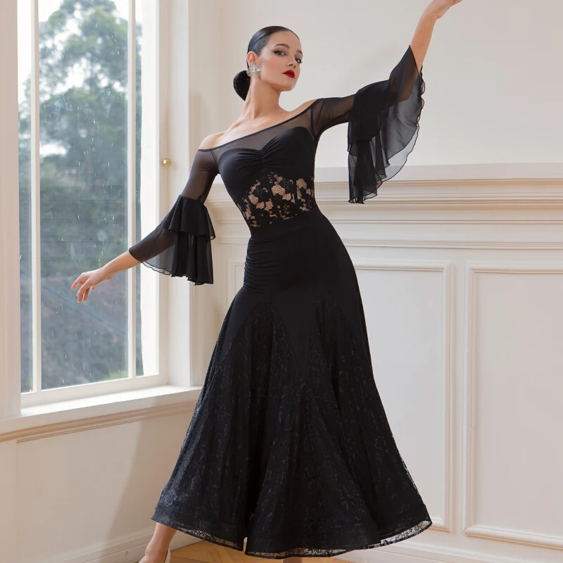 

Adults Ballroom Dance Competition Dresses Black Waltz Modern Dancing Clothes Women'S Mesh Latin Top Long Skirts Costume SL10238