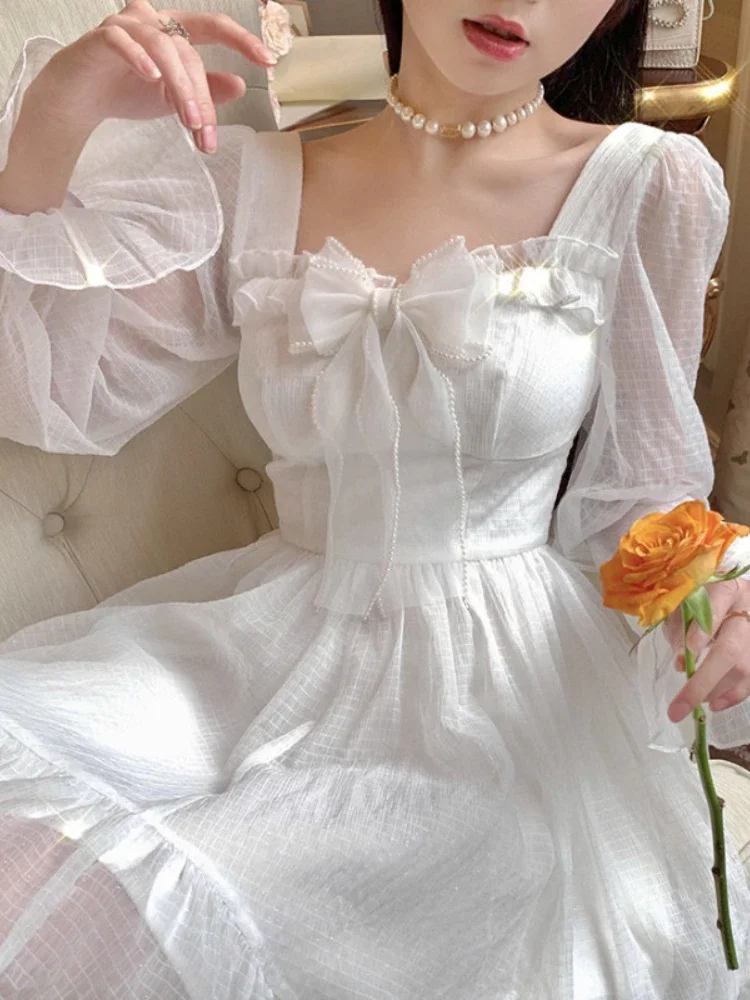 White Kawaii Dress Women Chiffon Lolita Style Long Sleeve Mini Dresses Bow Fairy Robe Ruffles Patchwork Square Collar