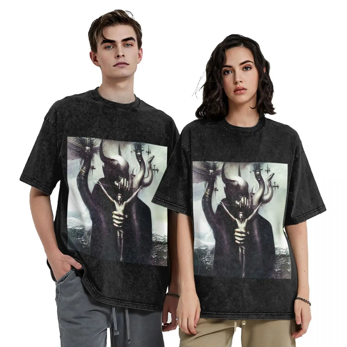 HR Giger Satan Hip Hop Short Sleeve T-Shirts Washed Tops Tees Streetwear T Shirt Harajuku for Men woman