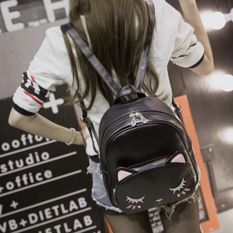 Cat Backpack Black Preppy Style School Backpacks Funny Quality Pu Leather Fashion Women Shoulder Bag Travel Back Pack Sac XA322