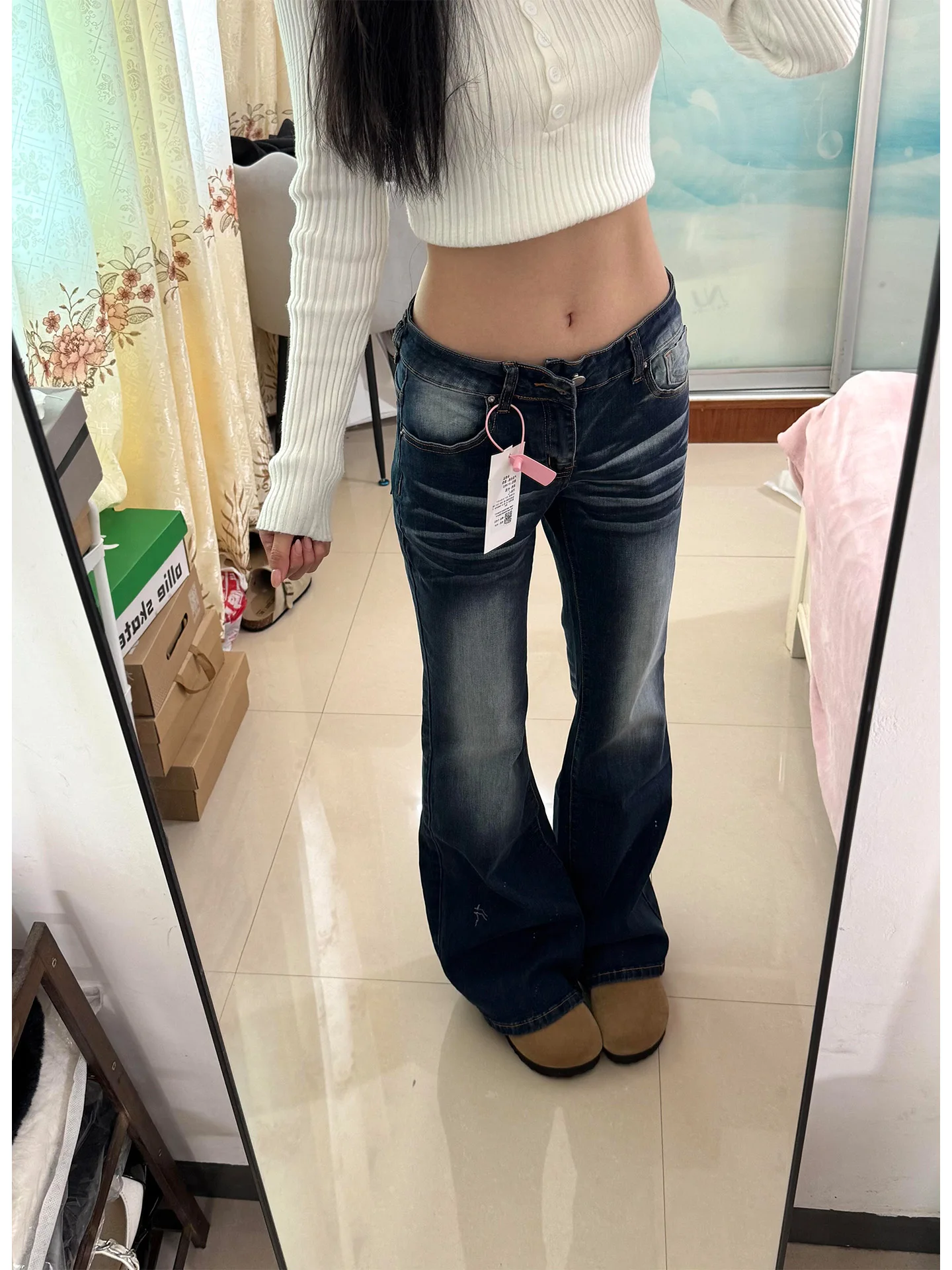 

Американские джинсовые джинсы в стиле ретро, женские зимние новые брюки-клеш с узкой талией, винтажные синие брюки на подкладке Fce