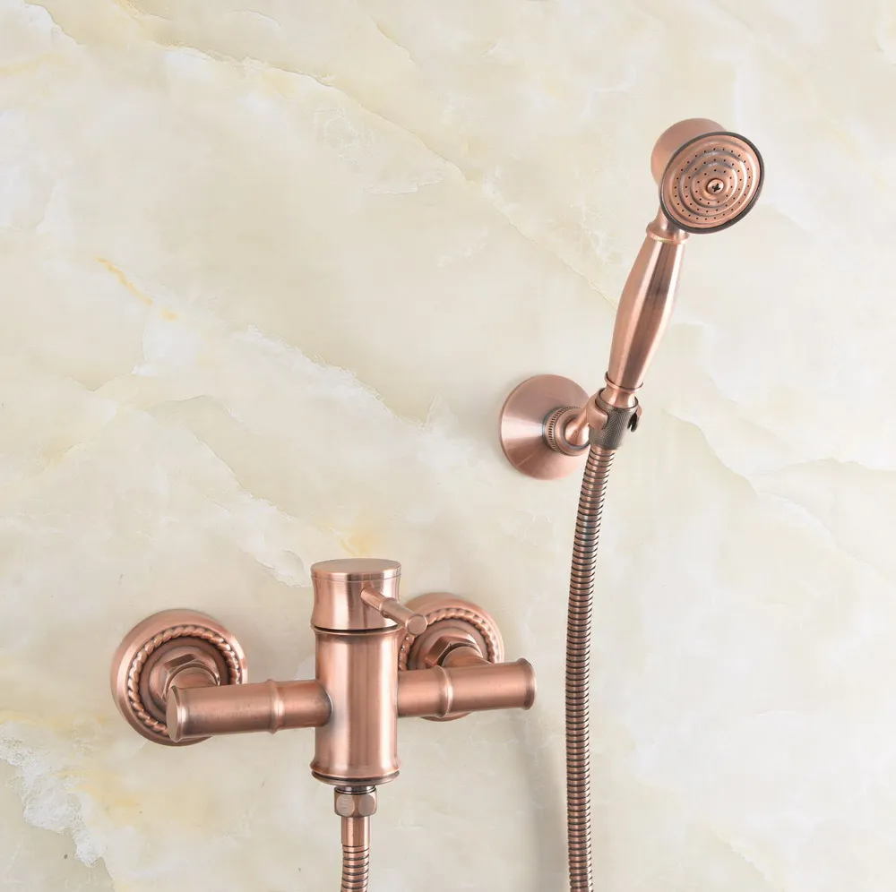 

Antique Copper Brass Bathroom Bamboo Bath Shower Faucets Set Wall Mounted Hand Held Shower Head Kit