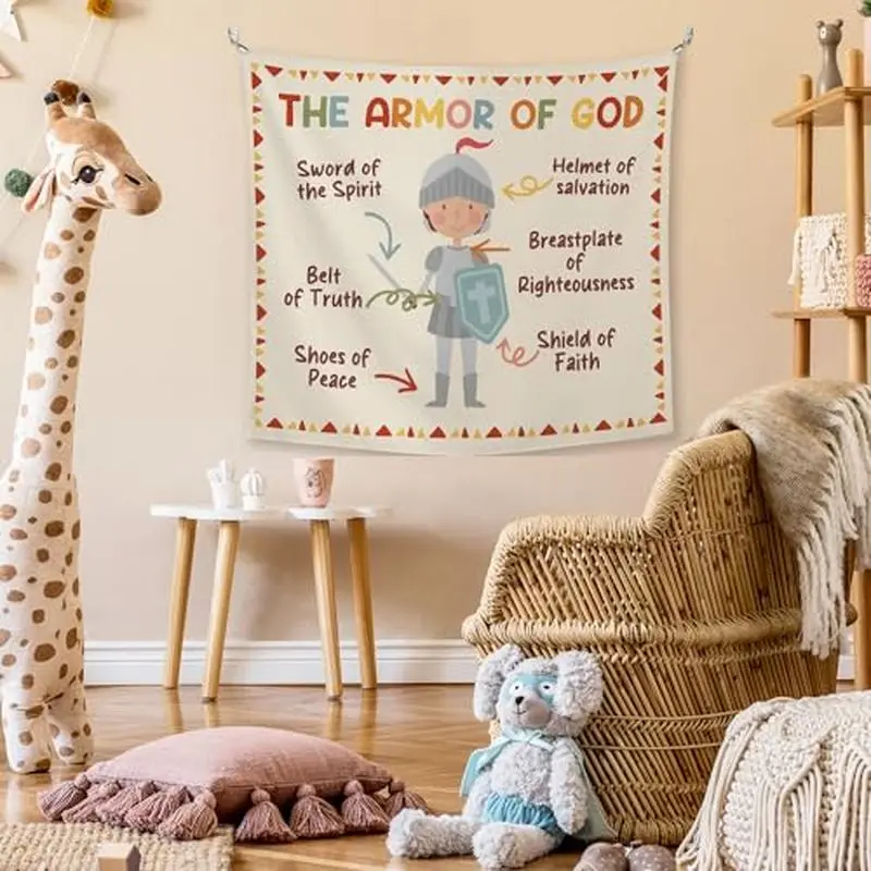 VIKAMA God Armor Cartoon Tapestry Christian Bible Enlightenment Wall Hanging Children's Bedroom Baby Room Home Decoration
