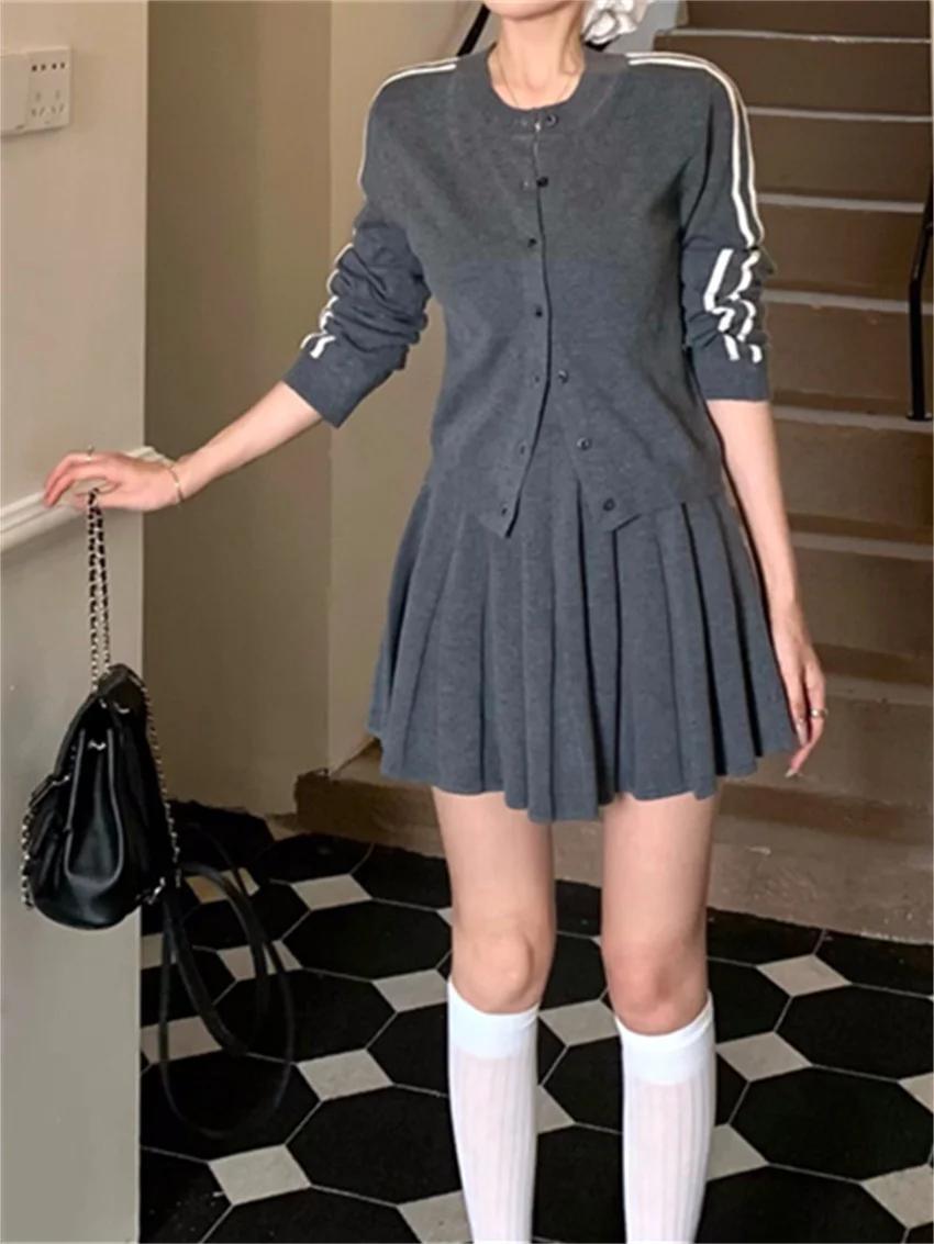 PLAMTEE 2025 Preppy Style Spring Suits Women Slim Elegant Daily Knitted Sweaters Gentle High Street Casual Pleated Mini Skirts