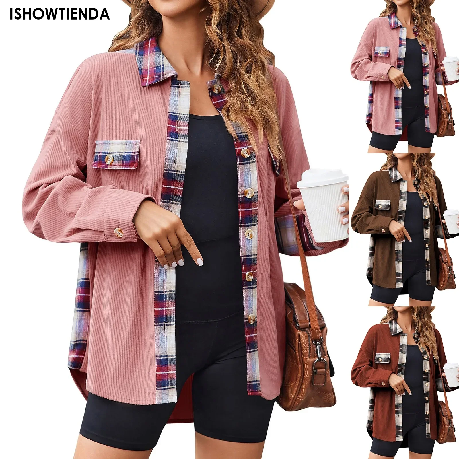 Women Coat Plaid Jacket Print Pocket Button Coats Long Sleeve Shacket Autumn Turn Down Collar Single Jacket Breasted Spring Jack