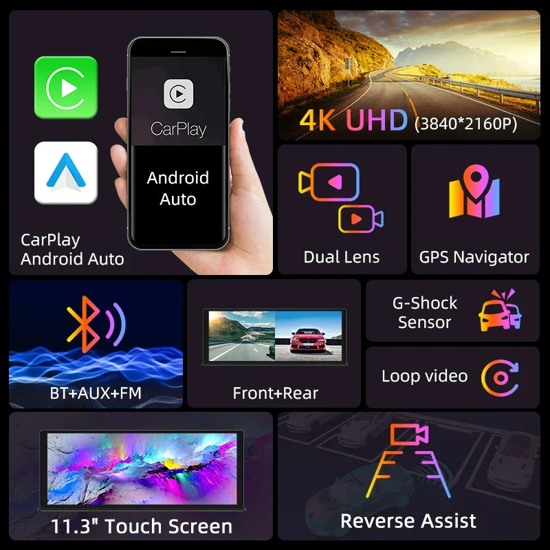 11,3-дюймовый 4K видеорегистратор Android Auto CarPlay Экран приборной панели Камера DashCam GPS-навигация DVR AUX BT FM Видеорегистратор 24H Park
