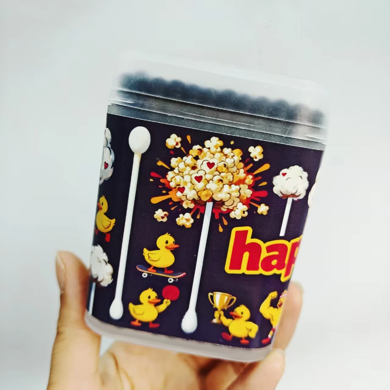 성인용 작은 노란색 오리 모양의 양면 면봉 300개, 창의적인 작은 노란색 오리 요소 검정색 면봉 스틱