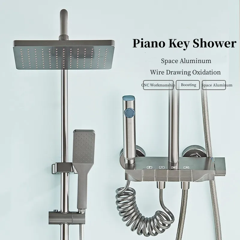 Space Aluminum Shower System Bathroom Shower Set Piano Button Switch Shower Set Bathroom Faucets Shower Head Douche