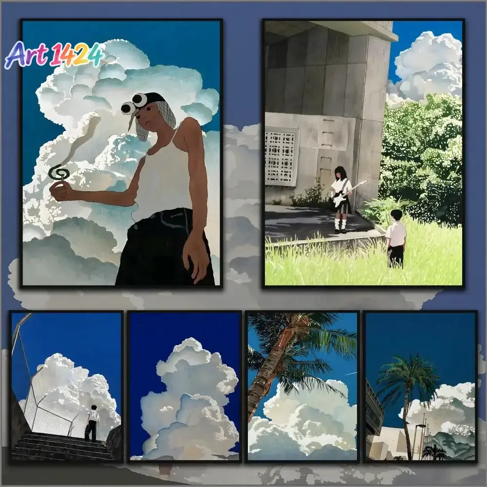 Summer Illustrations S-Seong Ryul Blue Sky and Clouds Poster HD PVC Waterproof Wall Art - Self Adhesive For Home Office Bar